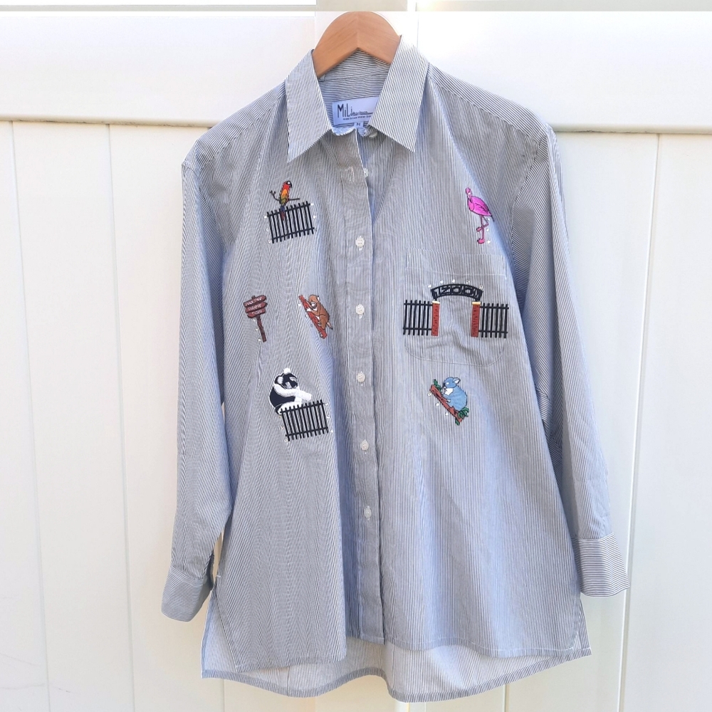 Mili Designs Zoo Animal Pinstripe Button Up Shirt | Embroidery & Rhinestones | M